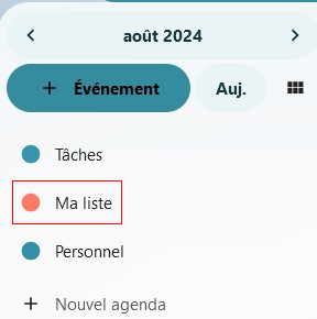 Capture d'écran du volet gauche de la page des agendas, avec le nom de l'un des agendas, "Ma liste", encadré en rouge.