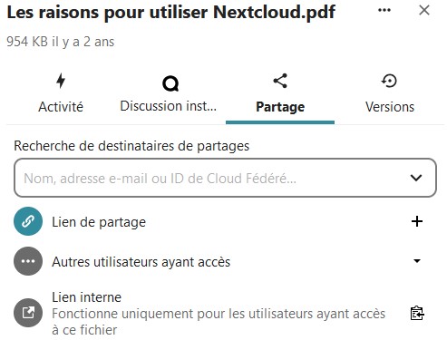 Capture d'écran du volet latéral, à droite de la page, qui s'ouvre lorsqu'on clique sur l'icône de partage. On voit 4 onglets de gauche à droite "Activité, "Discussion inst...", "Partage" qui est celui d’ouvert et "Versions". On y voit le texte "Recherche de destinataires de partages" en-dessous un champ à remplir, en-dessous "lien de partage", "Autres utilisateurs ayant accès" et "Lien interne Fonctionne uniquement pour les utilisateurs ayant accès à ce dossier".