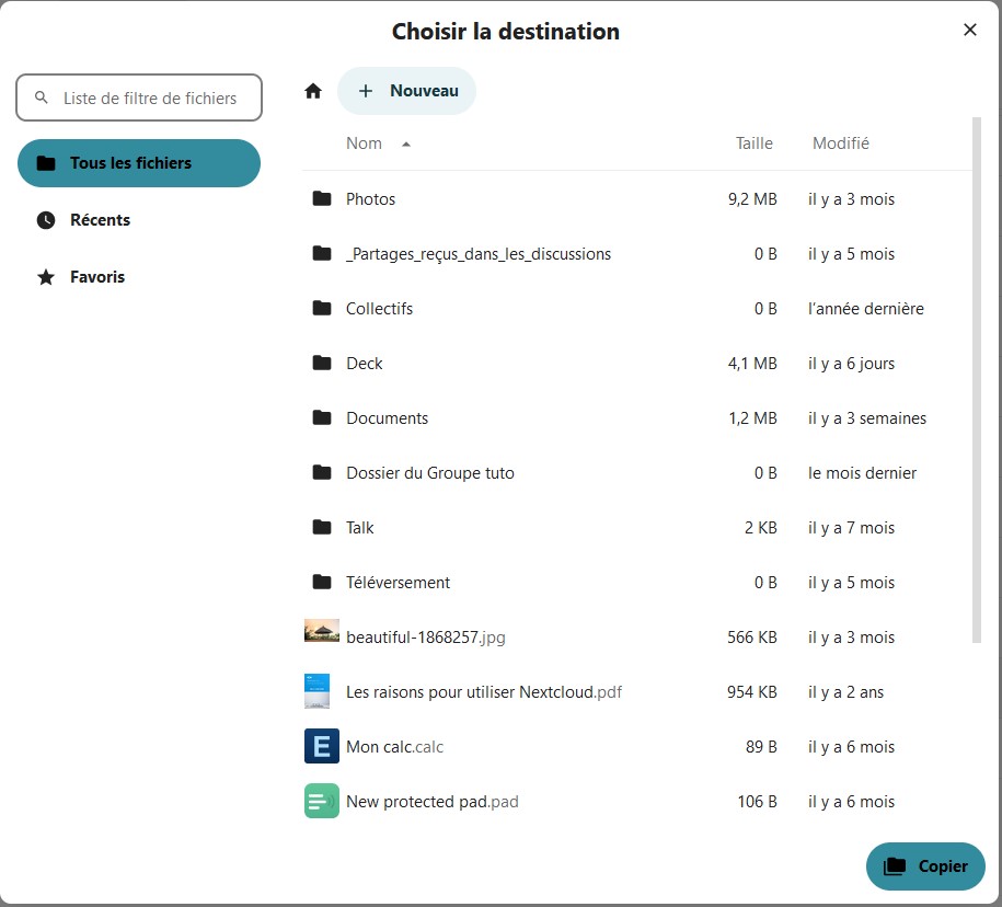 Capture d'écran de la fenêtre qui s'affiche lorsqu'on clique sur "déplacer ou copier" pour un fichier. On voit en haut "Choisir la destination". En-dessous sur la gauche un champ dans lequel est indiqué "Liste de filtre de fichiers", en dessous les items "tous les fichiers" qui est sélectionné, "récents" et "Favoris". A côté de ces items la liste des fichiers présents à la racine de l'instance. tout en bas le bouton "Copier".