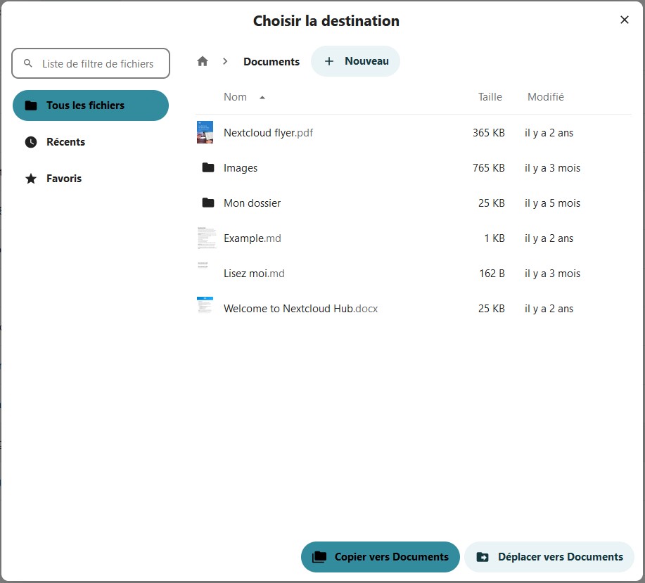 Capture d'écran de la fenêtre qui s'affiche lorsqu'on a cliqué sur le dossier dans lequel on veut copier ou déplacer le fichier. On voit en haut "Choisir la destination". En-dessous sur la gauche un champ dans lequel est indiqué "Liste de filtre de fichiers", en dessous les items "tous les fichiers" qui est sélectionné, "récents" et "Favoris". A côté de ces items des dossiers et des fichiers. Tout en bas deux boutons côte à côte "Copier vers Documents" et "Déplacer vers Documents"