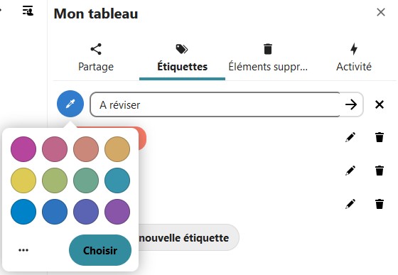 Capture d'écran d'une partie des détails du tableau. C'est l'onglet étiquettes qui est ouvert. En-dessous du libellé "Étiquettes", il y a un champ, à gauche duquel se trouve un rond bleu, dans lequel il y a l'icône blanche d'une pipette. Ce rond est cliqué, apparaît un cadre dans lequel il y a plusieurs ronds de couleur.