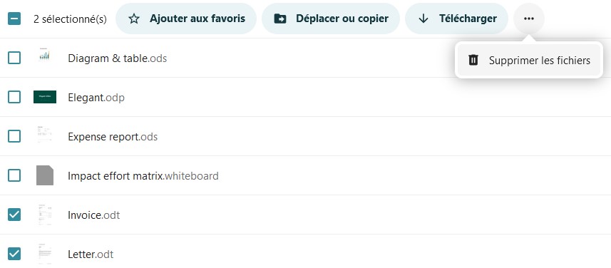 Capture d'écran d'une partie de la page des fichiers. On voit 2 fichiers dont les cases à gauche sont cochées. En haut est apparu trois boutons "Ajouter aux favoris", "Déplacer ou copier" et "Télécharger". A côté il y a 3 points sur lesquels on a cliqué, est apparu l'intitulé "Supprimer les fichiers".