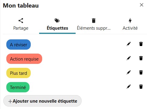 Capture d'écran d'une partie des détails du tableau. C'est l'onglet étiquettes qui est ouvert. On voit plusieurs étiquettes de différentes couleurs, les unes en dessous des autres. Sur la droite de chaque étiquette il y a l'icône d'un crayon, et d'une poubelle.