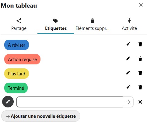 Capture d'écran d'une partie des détails du tableau. C'est l'onglet étiquettes qui est ouvert. On voit plusieurs étiquettes de différentes couleurs, les unes en dessous des autres. En-dessous le champ pour choisir le nom de la nouvelle étiquette, à sa gauche un rond noir pour choisir la couleur. Puis tout en bas un bouton "+Ajouter une nouvelle étiquette".