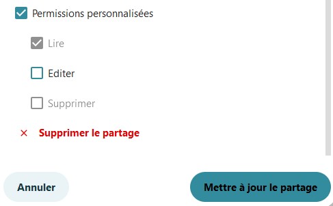 Capture d'écran d'une partie de l'onglet partage où l'on voit plus précisément la partie "Permissions personnalisées" dont la case est cochée. Dessous "Lecture" qui est coché. Dessous "Editer" pas coché. Dessous "Supprimer" pas coché. Dessous, en rouge, l'icône d'une croix suivi de "Supprimer le partage". Dessous 2 boutons l'un à gauche "Annuler" et l'autre à droite "Mettre à jour le partage".