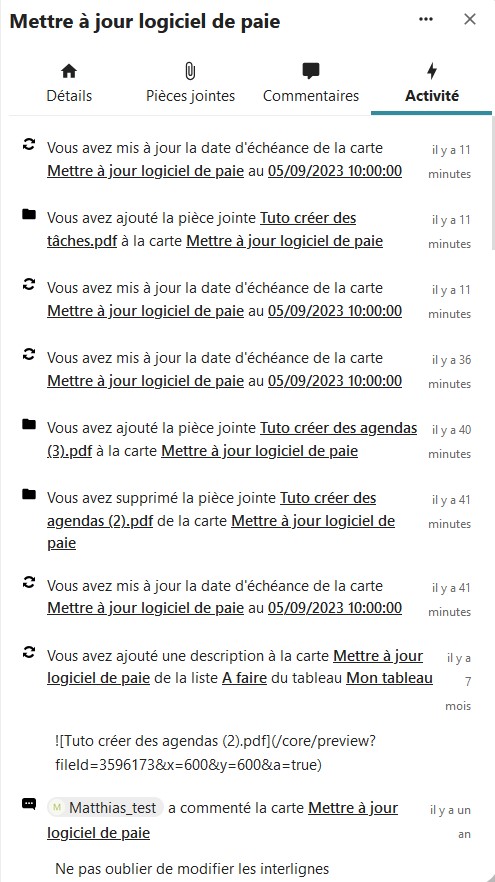 Capture d'écran de la popup des détails de la carte. On y voit le titre de la carte, ainsi que 4 onglets, "Détails", "Pièces jointes", "Commentaires", et "Activité" (c'est cet onglet qui est ouvert). On y voit la liste chronologique de toutes les actions qui ont été faites sur cette carte.