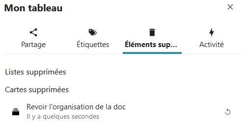 Capture d'écran d'une partie des détails du tableau. C'est l'onglet "Éléments sup..." qui est ouvert. Sous le nom de l'onglet, il y a 2 items "Liens supprimés", et "Cartes supprimées". Sous le second item le nom d'une carte qui a été supprimée, avec l'icône d'une flèche recourbée, pour le restaurer si nécessaire.