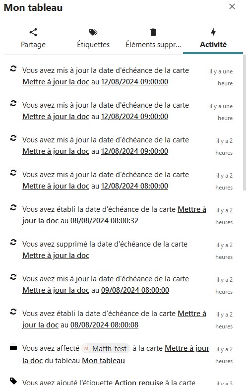 Capture d'écran de la popup des détails du tableau. On y voit le titre du tableau, ainsi que 4 onglets, "Détails", "Pièces jointes", "Commentaires", et "Activité" (c'est cet onglet qui est ouvert). On y voit la liste chronologique de toutes les actions qui ont été faites sur le tableau.