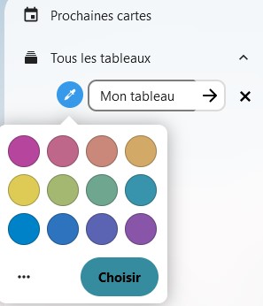 Capture d'écran de la partie gauche en haut de la page du Deck. On voit le champ pour remplir le nom du tableau, avec l'intitulé "Mon tableau", et une flèche sur sa droite, qui est pointé vers la droite. A gauche un rond de couleur, avec l'icône d'une pipette à l'intérieur, est cliqué. Apparaît une popup avec plusieurs rond de couleurs.