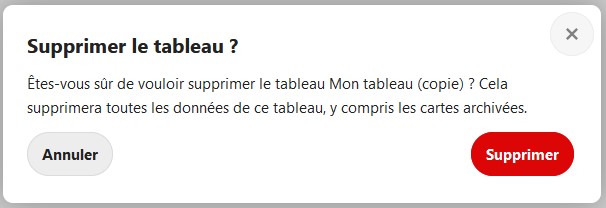 Capture d'écran de la fenêtre qui apparaît lorsqu'on demande la suppression d'un tableau, pour demander si l'on souhaite vraiment supprimer ce tableau, car cela supprimera tout, les données du tableau également.