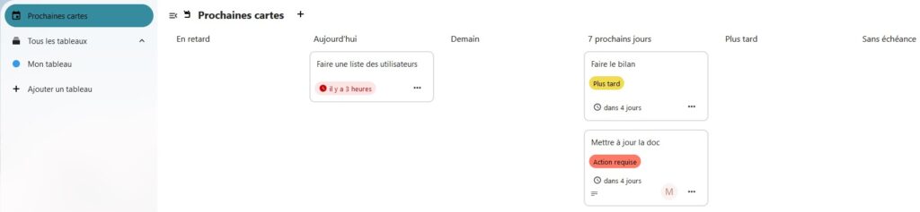 Capture d'écran du haut de la page "Prochaines cartes". Sur la gauche on voit les intitulés, "Prochaines cartes", en-dessous "tous les tableaux", en-dessous "Mon tableau", et en-dessous un + suivi de "Ajouter un tableau". Dans la partie droite qui prend plus des trois quarts de la page, on voit le titre "Prochaines cartes", en-dessous 6 items; les uns à côtés des autres : "En retard", "Aujourd'hui" (avec en-dessous une carte), "Demain", "7 prochains jours" (avec en-dessous 2 cartes), "plus tard", et "Sans échéance".