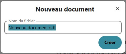 Capture d'écran de la fenêtre qui s'est ouverte en cliquant sur "Nouveau documents". On voit le titre "Nouveau document", un champ rempli avec l'intitulé "Nouveau document" et un bouton "Créer".