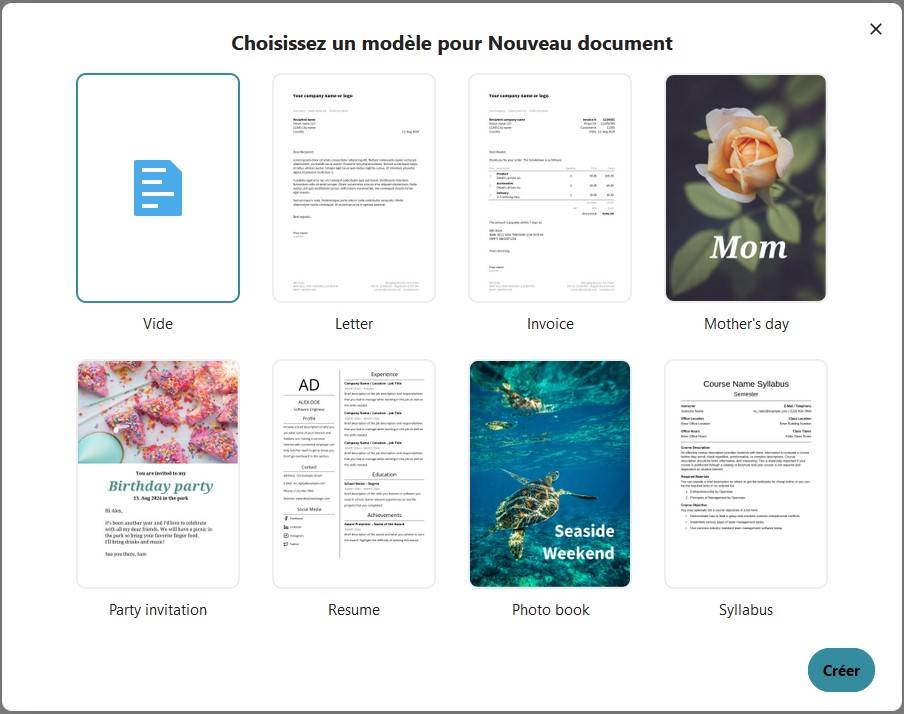 Capture d'écran de la fenêtre qui s'ouvre lorsqu'on veut créer un fichier document. Dans cette fenêtre on voit plusieurs modèles qui peuvent être utiliser pour créer le doocument.