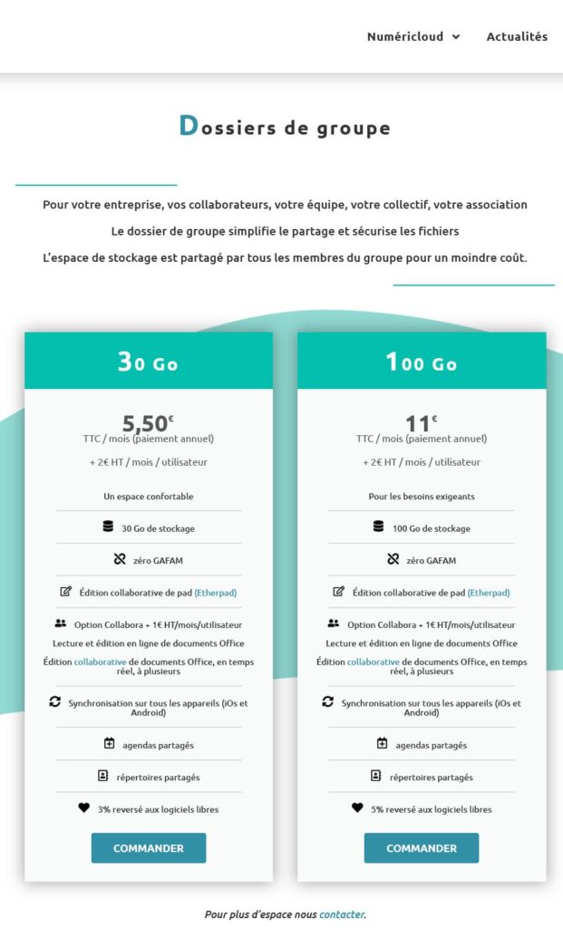 capture d'écran de la page du site Numéricloud ou l'on voit les offres pour les dossiers de groupe, sous forme de 2 tableaux, l'un avec la formule 30 Go et l'autre avec la formule 100 Go.