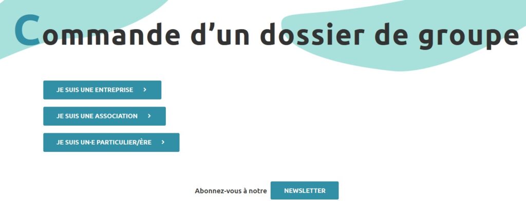 capture d'écran de la page du site Numéricloud "Commande d'un dossier de groupe" où l'on voit 3 boutons "Je suis une entreprise", "Je suis une association" et "Je suis un·e particulier/ère".