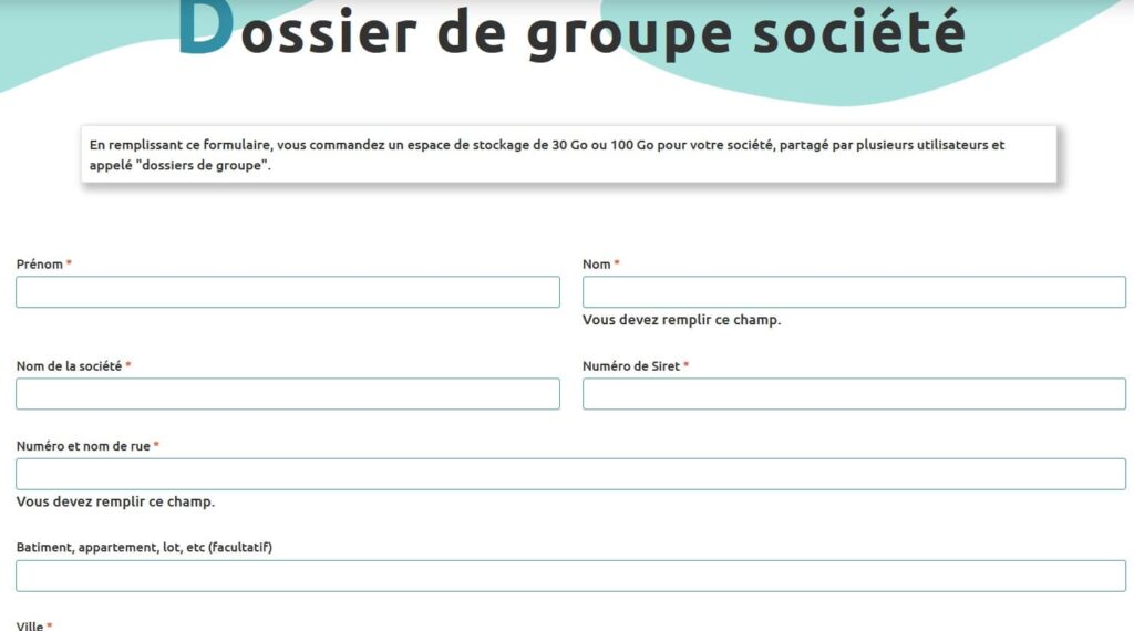 capture d'écran de la page "Dossier de groupe société" où l'on voit le haut de formulaire à remplir pour créer un dossier de groupe.