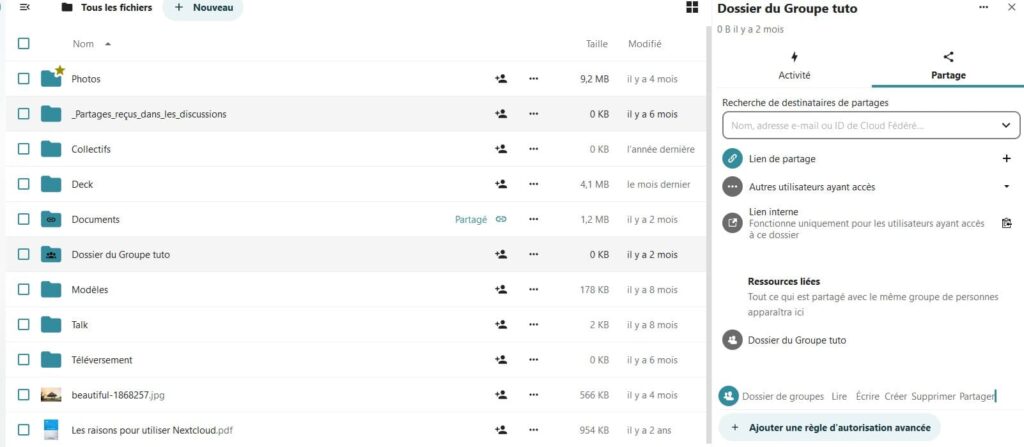 capture d'écran de la page principale des fichiers. on a cliqué sur le détails des du dossier de groupe "Dossier de Groupe tuto". Sur la droite s'est ouvert un volet qui est sur l'onglet "Partage". On voit la partie des droits sur le dossier où il y a un bouton "Ajouter une règle d'autorisation avancée"..