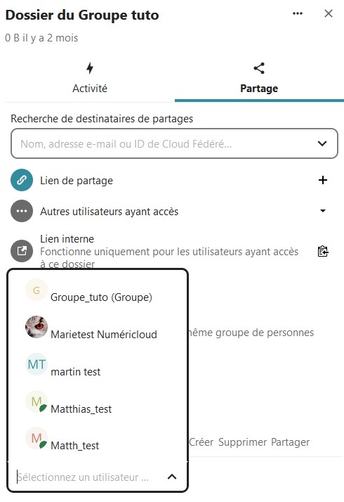 capture d'écran de la partie droite de la page des dossiers, on est dans l'onglet "Partage" du dossier "Dossier de Groupe tuto", sur le compte de la personne qui a des droits avancées. On voit la partie des droits sur le dossier où on a cliqué sur le bouton "Ajouter une règle d'autorisation avancée". C'est ouvert une fenêtre avec la liste des membres du groupe.