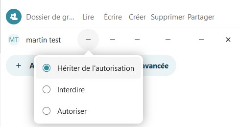 capture d'écran sur la partie qui montre les droits de l'un des membres sur le dossier "Dossier de groupe tuto". On a cliqué sur le droit "Lire", une popup s'est ouverte, on voit 3 items "Hériter de l'autorisation" (qui est coché), "Interdire" et "Autoriser".