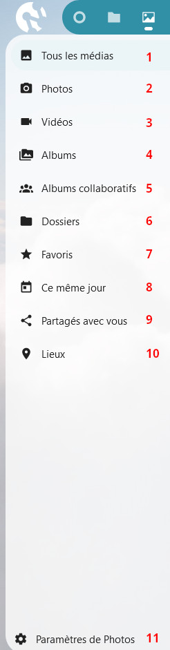 Capture d'écran de la partie gauche de la page de l'application photo, où l'on voit un menu, avec "Tous les médias", "Photos", "Vidéos", "Albums", "Albums collaboratifs", "Dossiers", "Favoris", "Ce même jour", Partagés avec vous", "Lieux" et "Paramètres de photos".