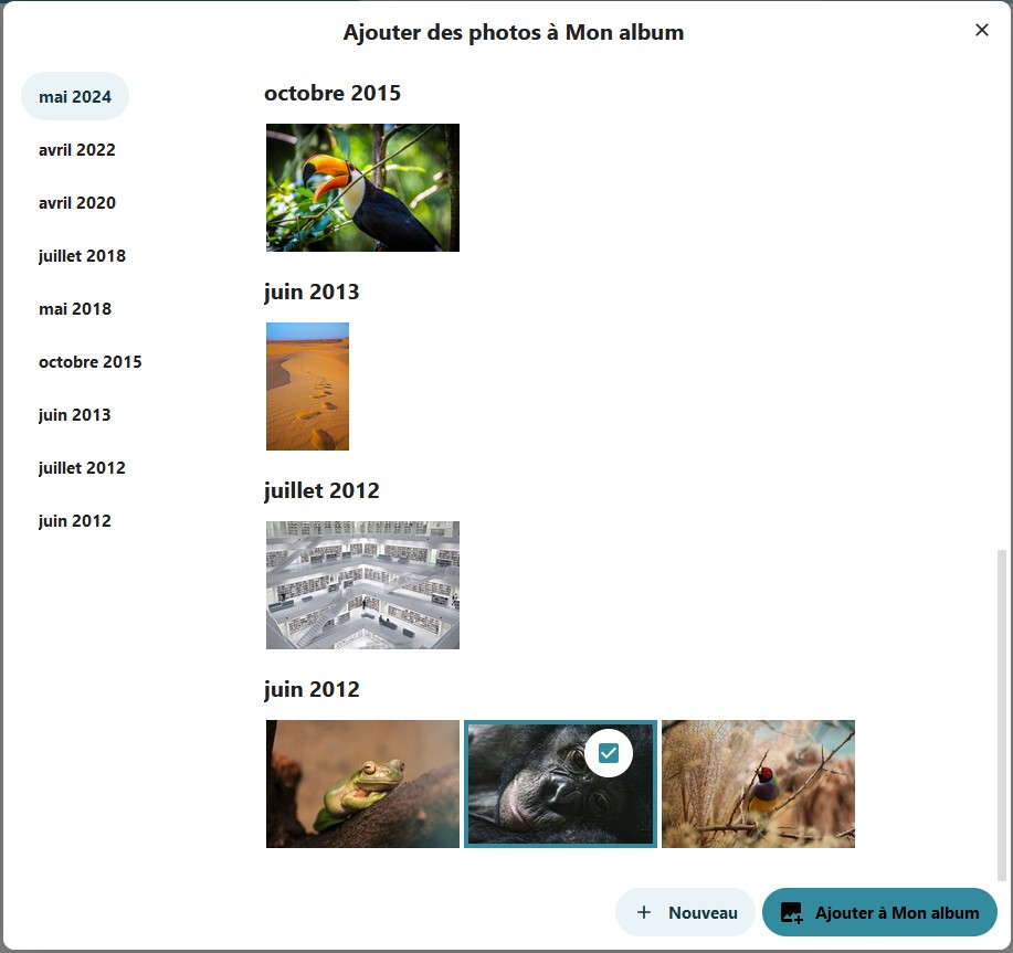 Capture d'écran de la fenêtre qui s'ouvre lorsqu'on veut ajouter des images à l'album sui vient d'être créé. Il y a le titre "Ajouter des photos à Mon album", dessous à gauche tous les mois et années pour lesquelles il y a des images, sur la droite les images, par lignes, les unes en-dessous des autres, par ordre de mois et d'années, en haut la date la plus récente. Tout en bas à droite 2 bouton côte à côte, " Nouveau" et "Ajouter à mon album".