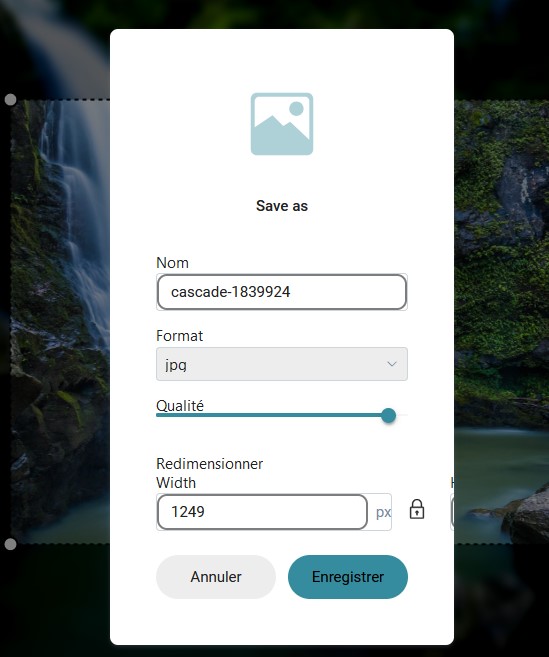 Capture d'écran de la fenêtre qui s'ouvre lorsqu'on veut enregistrer le recadrage que l'on vient d'effectuer. En haut l'icône représentant une image, dessous "Save as", dessous le champ "nom" à remplir, dessous le format d'enregistrement du fichier, dessous un curseur pour déterminer la qualité de l'image, dessous le champ pour redimensionner la largeur de la photo, dessous 2 boutons côte à côte, "Annuler" et "Enregistrer".