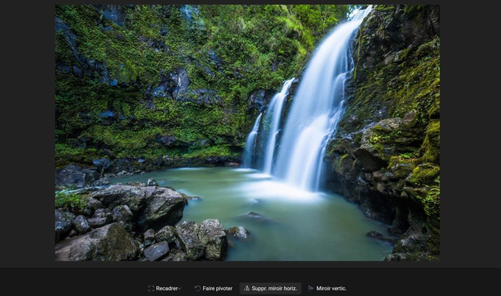 Capture d'écran d'une image ouverte dans le panneau des modifications. Dans la partie basse, au centre 4 boutons, "Recadrer", "Faire pivoter", "Suppr. miroir horiz." (car cela vient d'être activé) et "Miroir vertic.".