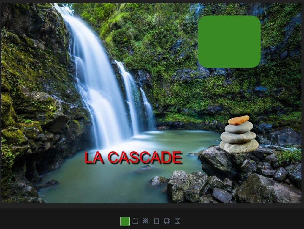 Capture d'écran d'une photo ouverte dans le panneau des modifications. Il y a un texte ajouter sur la photo "La cascade", une image (des cailloux les uns sur les autres) et un rectangle vert. Dans la partie basse, au centre, un carré avec la couleur du rectangle, un bouton pour arrondir les angles, un bouton pour ajouter de la transparence à l'image, un bouton pour ajouter une bordure de couleur à l'image, un bouton pour ajouter de l'ombre à l'image et un bouton pour positionner l'image sur la photo.