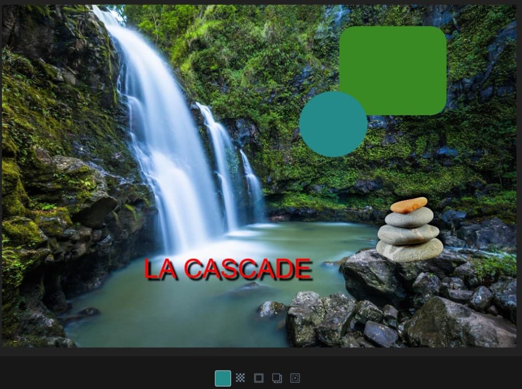 Capture d'écran d'une photo ouverte dans le panneau des modifications. Il y a un texte ajouter sur la photo "La cascade", une image (des cailloux les uns sur les autres) un rectangle vert et une ellipse bleue-verte. Dans la partie basse, au centre, un carré avec la couleur de l'ellipse, un bouton pour ajouter de la transparence à l'ellipse, un bouton pour ajouter une bordure de couleur à l'ellipse, un bouton pour ajouter de l'ombre à l'ellipse et un bouton pour positionner l'ellipse sur la photo.