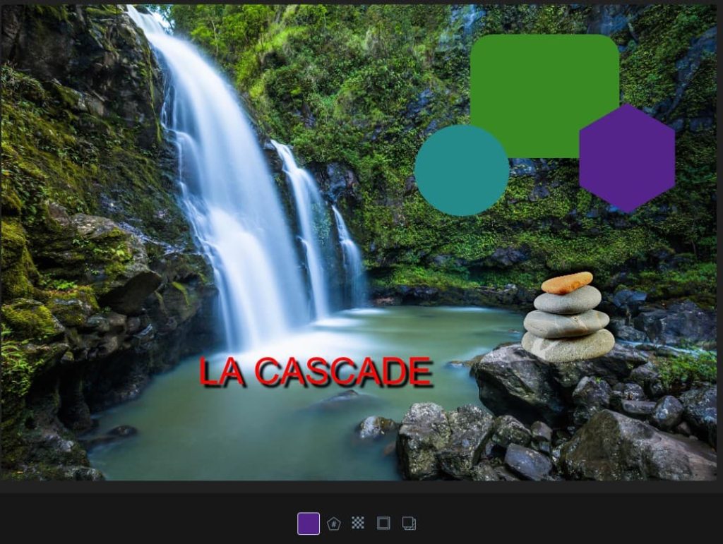 Capture d'écran d'une photo ouverte dans le panneau des modifications. Il y a un texte ajouter sur la photo "La cascade", une image (des cailloux les uns sur les autres) un rectangle vert une ellipse bleue-verte et un polygone violet. Dans la partie basse, au centre, un carré avec la couleur du polygone, un bouton pour modifier la forme du polygone, un bouton pour ajouter de la transparence au polygone, un bouton pour ajouter une bordure de couleur au polygone et un bouton pour ajouter de l'ombre au polygone.