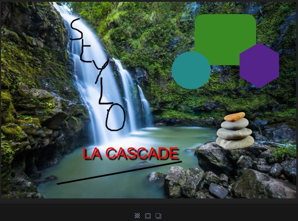 Capture d'écran d'une photo ouverte dans le panneau des modifications. Il y a un texte ajouter sur la photo "La cascade", une image (des cailloux les uns sur les autres) un rectangle vert, une ellipse bleue-verte un polygone violet, un texte écrit à la main (stylo) et une ligne noire. Dans la partie basse, au centre, un bouton pour ajouter de la transparence à la ligne, un bouton pour ajouter une bordure de couleur à la ligne et un bouton pour ajouter de l'ombre à la ligne.