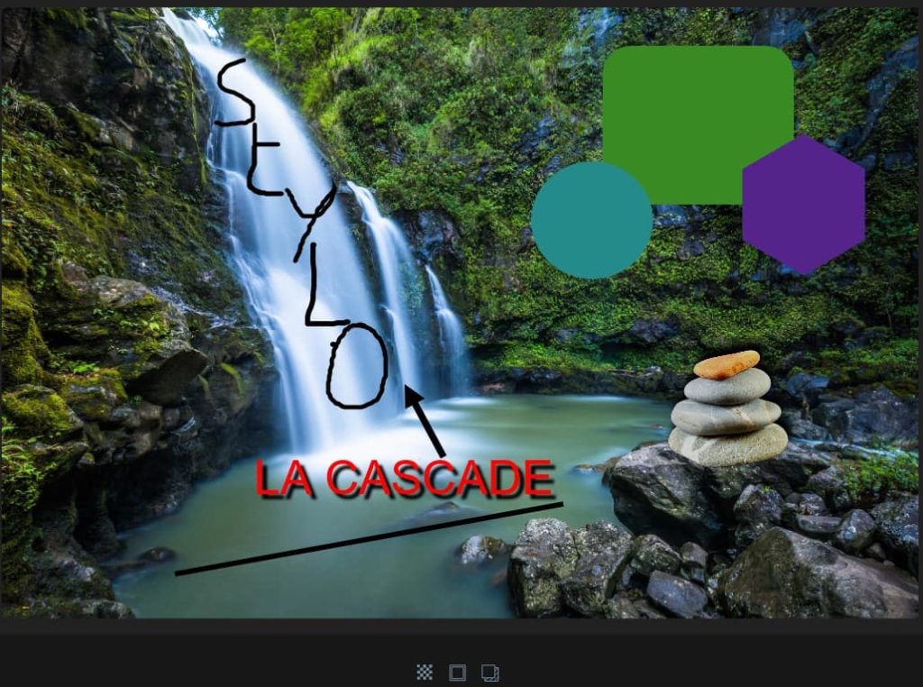 Capture d'écran d'une photo ouverte dans le panneau des modifications. Il y a un texte ajouter sur la photo "La cascade", une image (des cailloux les uns sur les autres) un rectangle vert, une ellipse bleue-verte un polygone violet, un texte écrit à la main (stylo), une ligne noire et une flèche noire. Dans la partie basse, au centre, un bouton pour ajouter de la transparence à la flèche, un bouton pour ajouter une bordure de couleur à la flèche et un bouton pour ajouter de l'ombre à la flèche.