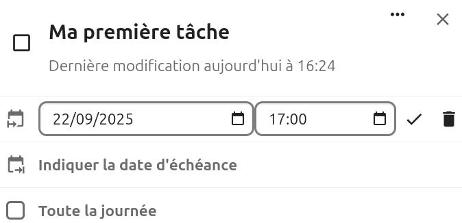 Capture d'écran du haut des détails de la tâche.
On voit 2 champs à la place de l'item "Indiquer la date de début". Le premier permet de choisir une date et le second à côté permet de choisir l'heure.