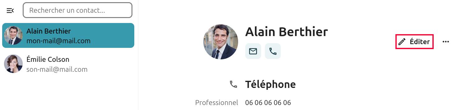 Capture d'écran du haut de la fiche contacts.
Sur la partie gauche on voit 2 nom de contacts avec email, et sur la partie droit le début d'une fiche contact, avec le nom et prénom, dessous l'intitulé téléphone, et en-dessous un numéro de télémphone, et à droit l'intitulé "Éditer" entourer d'un carré rouge pour le distinguer.