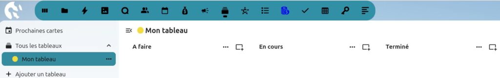 Capture d'écran du haut de la page du tableau. Sur la gauche on voit les intitulés, "Prochaines cartes", en-dessous "Tous les tableaux", en-dessous "Mon tableau", et en-dessous un + suivi de "Ajouter un tableau". Dans la partie droite qui prend plus des trois quarts de la page, on voit le titre du tableau "Mon tableau", et en-dessous les titres des cartes créées, à savoir "A faire", "En cours", "Terminé".
