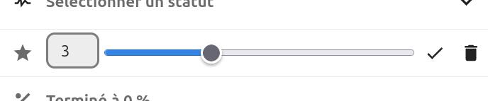 Capture d'écran de l'item "Aucune priorité" qui est activé. On voit un curseur en partie avancé (c'est une ligne bleue qui indique le degré d'avancement), avec le nombre 3 sur sa gauche, les icônes d'une coche et d'une poubelle sur sa gauche.