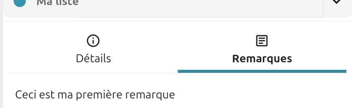 Capture d'écran de la partie "Remarque" de la liste. On voit une phrase dans cette partie, "Ceci est ma première remarque".