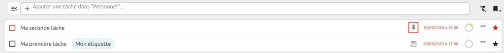 Capture d'écran du haut de la page de la liste des tâches. On voit 2 tâches "Ma seconde täche" et "Ma première tâche". Celle qui est en tête à sur sa droite l'icône d'une punaise encadrée en rouge.