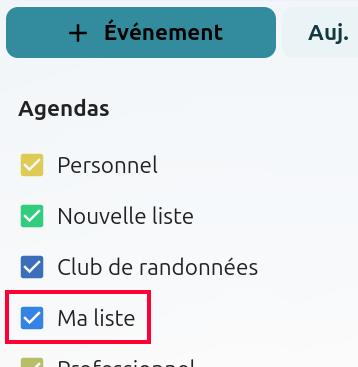 Capture d'écran du volet gauche de la page des agendas, avec le nom de l'un des agendas, "Ma liste", encadré en rouge.