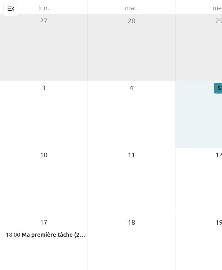 Capture d'écran de la page agenda, ou l'on voit les jours du mois, et pour certains jours des tâches sont inscrites, et elles ont toutes devant leur nom un carré de la couleur de la tâche