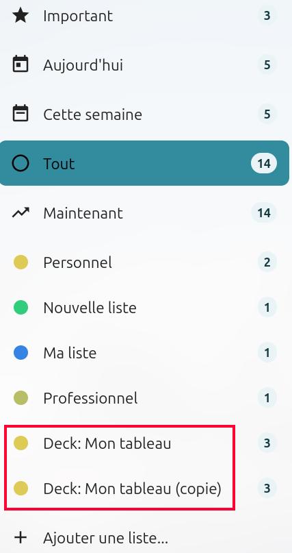 Capture d'écran du volet gauche de la page des tâches.
On voit une liste des nom des différentes tâches les unes en-dessous des autres. Deux des ses noms, les derniers, ont le terme "Deck" sur leur gauche.