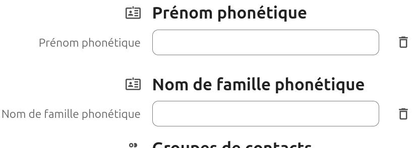 Capture d'écran des nouveaux champs apparus, Prénom phonétique et Nom de famille phonétique..