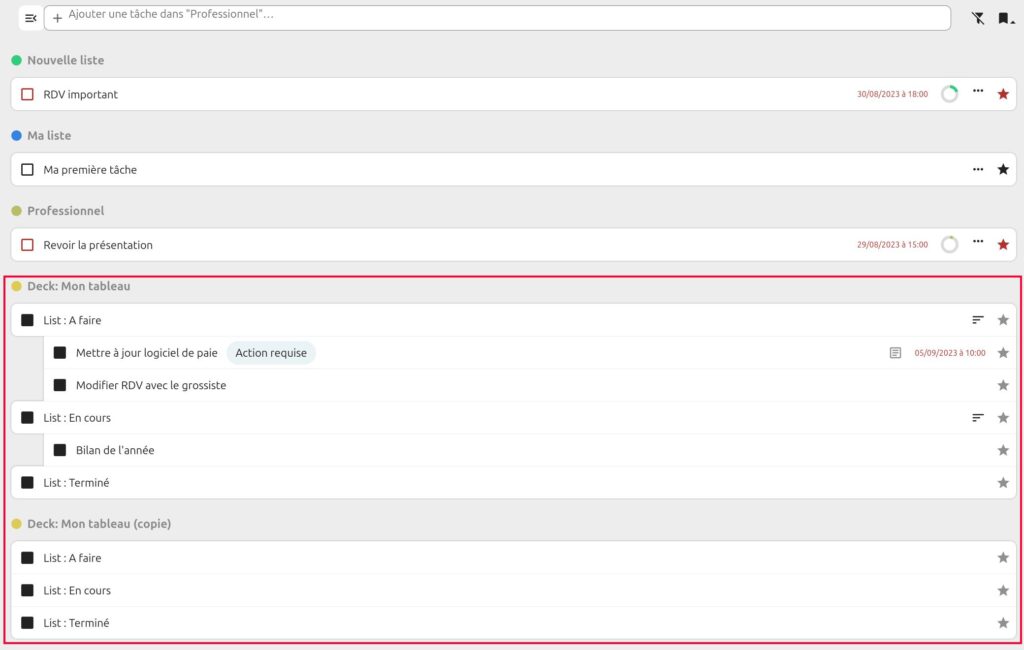 Capture d'écran de la vue centrale de la page des tâches. On voit la liste des tâches, et celles ayant comme indication "Deck" sur leur gauche, sont déployées, et elles ont un cadre rouge qui les entoure.