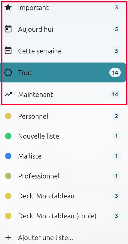 Capture d'écran du volet gauche de la page des tâches. On voit notamment une liste des nom des différentes tâches les unes en-dessous des autres.
Au-dessus de ces listes il y a 4 items "Important", "Cette semaine", "Tout", et "Maintenant". A droite de ces items des chiffres qui indiquent le nombre de tâches faisant partie de chacun d'eux.