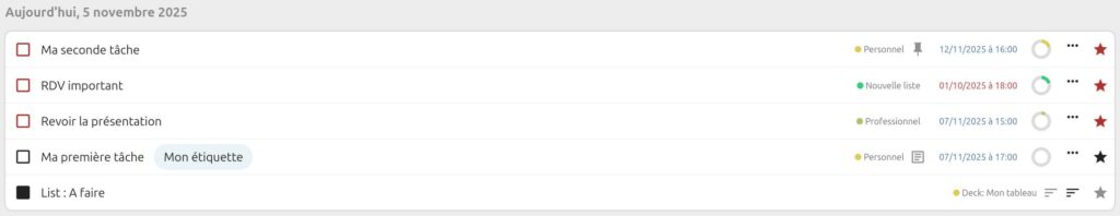 Capture d'écran d'une partie de la page des tâches, où l'on voit des tâches les unes en-dessous des autres. Tout à droite de ces tâches, on voit les dates de fin, et des étoiles rouges ou noires. Au-dessus de chaque tâche il y a la date de fin de tâche.