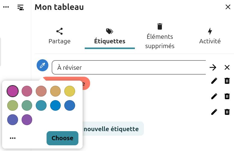 Capture d'écran d'une partie des détails du tableau. C'est l'onglet étiquettes qui est ouvert. En-dessous du libellé "Étiquettes", il y a un champ, à gauche duquel se trouve un rond bleu, dans lequel il y a l'icône blanche d'une pipette. Ce rond est cliqué, apparaît un cadre dans lequel il y a plusieurs ronds de couleur.