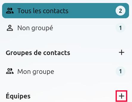 Capture d'écran du haut du volet à gauche de la page des contacts, où l'on voit les noms des contacts, l'intitulé "Groupes de contacts", et en bas l'intitulé "Cercles", avec un + sur sa droite encadré de rouge pour le distinguer.