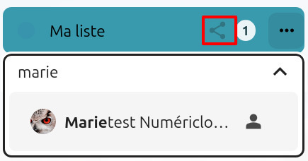Capture d'écran de la partie de la liste "Personnel". Un champ est déployé dans lequel on a commencé à taper le nom d'une utilisatrice et son avatar, ainsi que son nom apparaissent.