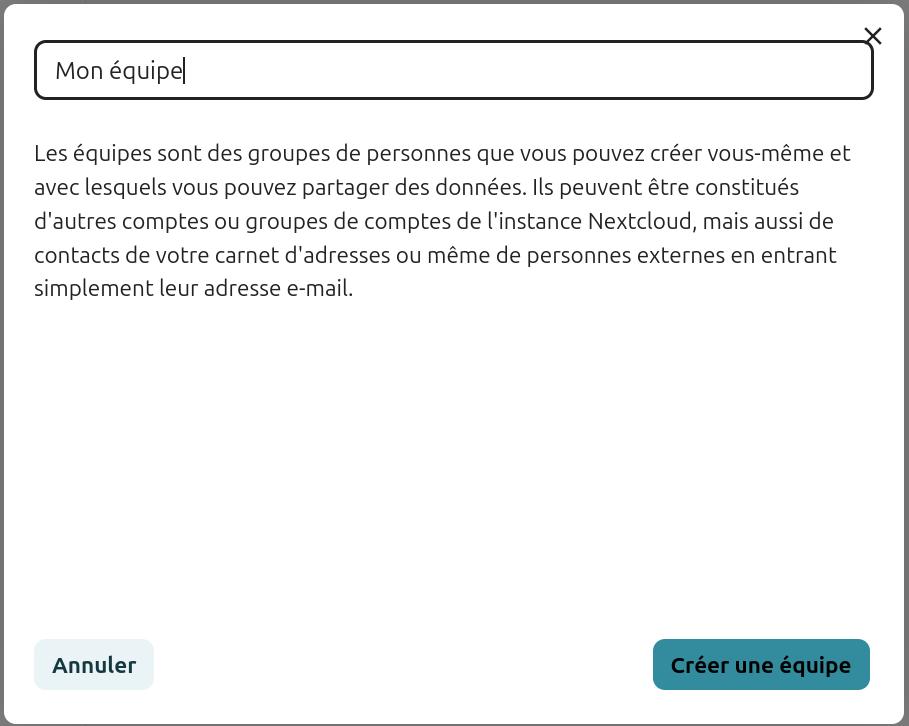 Capture d'écran de la fenêtre qui s'ouvre lorsqu'on clique sur le + de "Cercles". on y voit un champ dans lequel on met le nom du cercle que l'on souhaite donner.