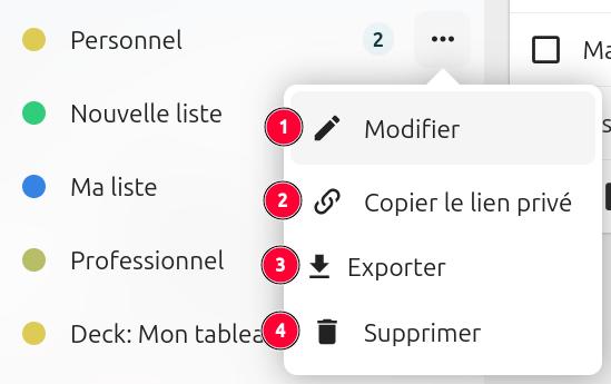 Capture d'écran d'une partie des listes des tâches. La liste "Personnel" est mise en avant. Sur sa droite il y a l'icône de partage, et juste à côté le chiffre 2 encadré en rouge pour le faire ressortir, et encore à côté 3 points les uns à côté des autres. On a cliqué sur les 3 points, une popup c'est déployée, et on voit les items suivants "Modifier", "Copier le lien privé", "Exporter" et "Supprimer". Il y a des chiffres rouges de 1 à 4 à droite des items, en lien avec le descriptif à la droite de l'image qui explique le rôle de chacun. 